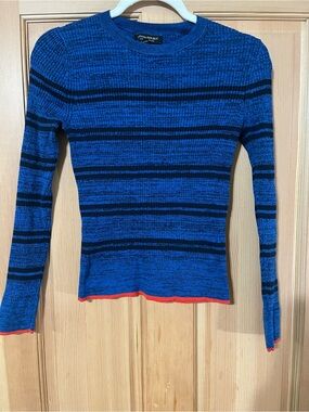 Banana Republic Blue & Black Striped Ribbed Crewneck with Red Trim